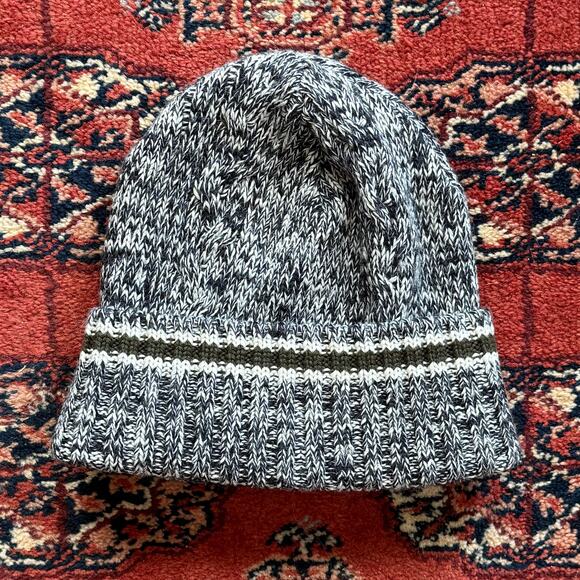Old Navy Black/White, Olive Stripe Rag Knit Beanie w/ Soft Black Fleece Ear Band - Picture 1 of 5